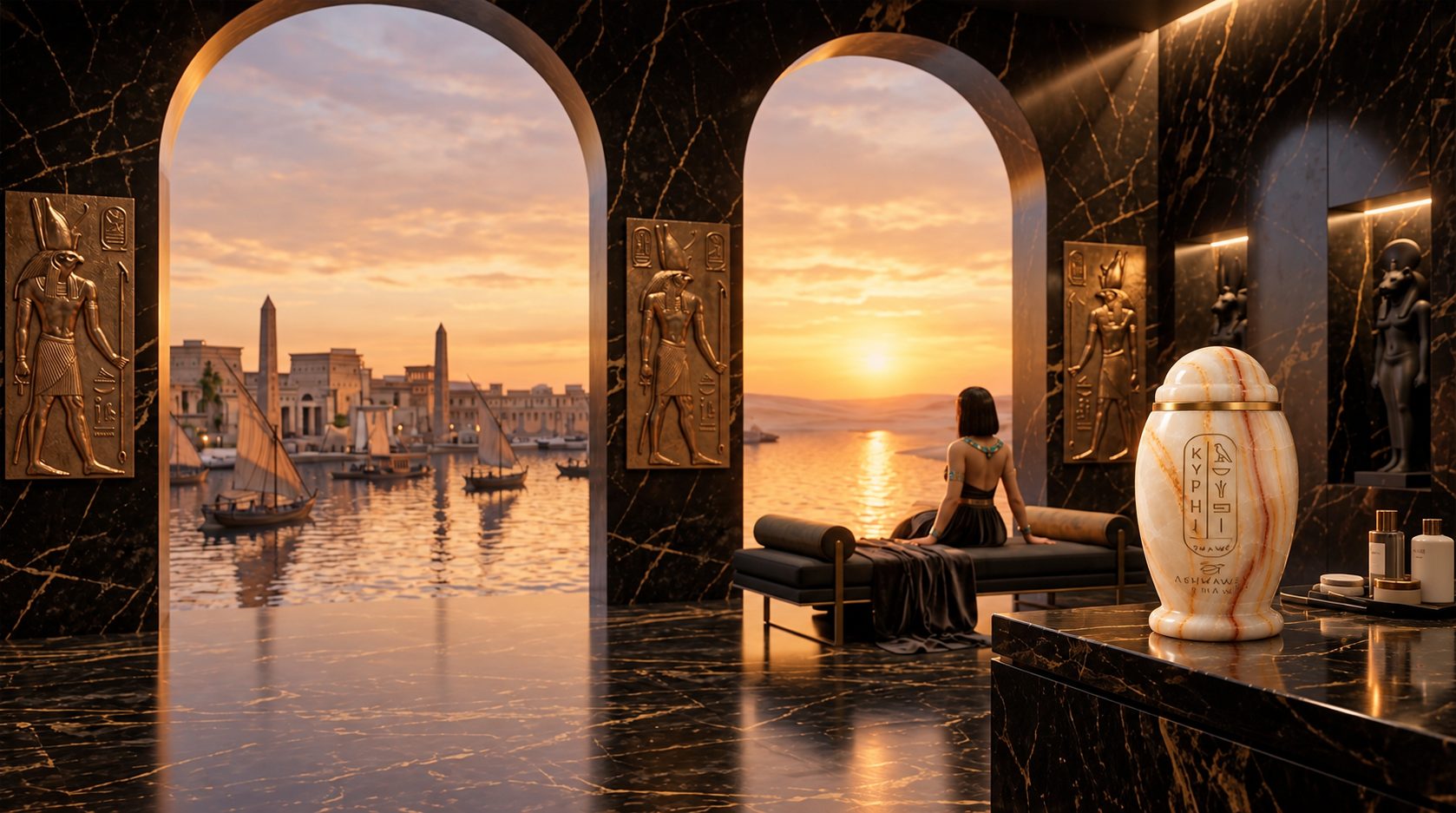 The KYPHI vessel in a black marble Egyptian interior overlooking Alexandria at sunset.