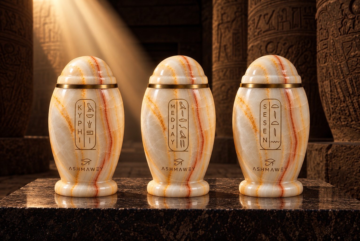 The KYPHI, MEDJAY, and SESEN alabaster vessels arranged before carved Egyptian columns.